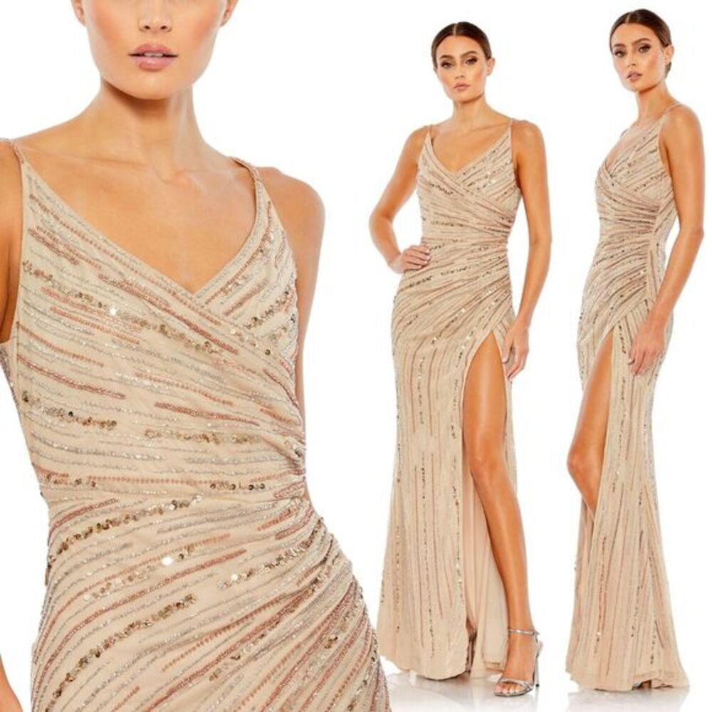 Mac Duggal NEW Sequined Spaghetti Strap Cowl Back Gown in Nude‎ $598 - Size 12